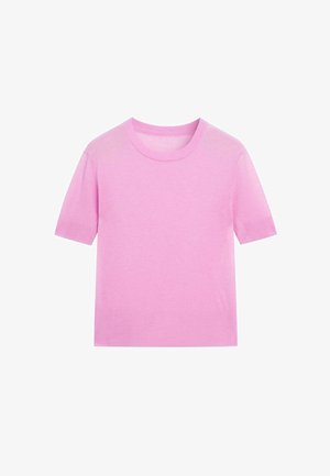 Roze t-shirt met korte mouwen, gemaakt van zacht materiaal, met een ronde halslijn en ribbelrandjes. Soepele textuur zonder duidelijke patronen of accenten.
