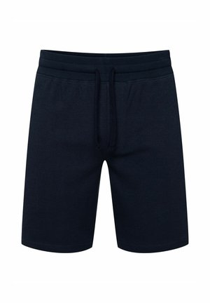 Granatowe szorty bawełniane z textured powierzchnią, elastycznym pasem i regulowanym sznurkiem. Posiadają kieszenie boczne dla wygody.