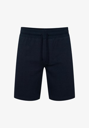 Granatowe szorty bawełniane z textured powierzchnią, elastycznym pasem i regulowanym sznurkiem. Posiadają kieszenie boczne dla wygody.