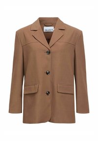 Bruine blazer met een gestructureerd ontwerp, voorzien van een reverskraag, knopen aan de voorkant en twee platte zakken aan de onderzijde aan de voorkant.