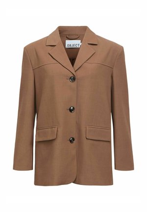 Brūns žakete ar strukturētu dizainu, ar izgrieztu apkakli, priekšējiem pogām un divām plakankabatas apakšējā priekšpusē.