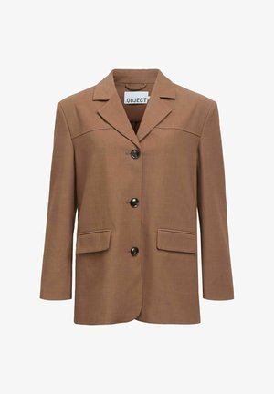 Hnědý blejzr se strukturovaným střihem, s klopovým límcem, předními knoflíky a dvěma plochými kapsami v dolní části přední strany.