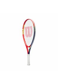 Rote und blaue Tennisschläger mit einem weißen Griff, featuring einem großen 'W'-Logo und einer strukturierten Schlagfläche mit Saitenmuster.