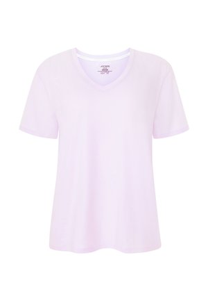 Lys lilla kortærmet V-hals T-shirt vist mod en hvid baggrund, der viser forfra og med afslappet pasform.