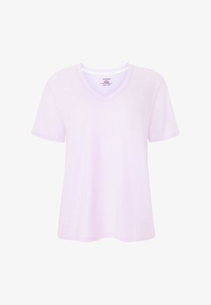 Hellviolettes T-Shirt mit V-Ausschnitt und kurzen Ärmeln, vor weißem Hintergrund dargestellt, Vorderansicht und lockere Passform sichtbar.