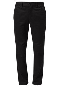 Pantaloni in cotone neri con taglio dritto, dotati di chiusura con bottone, tasche laterali e una texture liscia.
