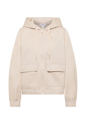 Beige Kapuzenjacke mit Frontreißverschluss, Kordelzug in der Kapuze, zwei Pattentaschen mit Knöpfen und elastischen Bündchen.