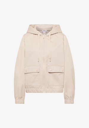 Beige Kapuzenjacke mit Frontreißverschluss, Kordelzug in der Kapuze, zwei Pattentaschen mit Knöpfen und elastischen Bündchen.