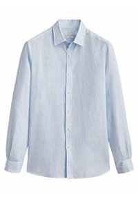 Hellblaues Langarm-Leinenhemd mit Knopfkragen und Frontknöpfen. Die Manschetten sind mit einem einzelnen Knopfverschluss versehen, was einen klassischen Look verleiht.