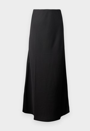 Jupe midi noire avec une texture lisse, conçue avec une taille haute et une fente sur le côté, présentant une silhouette simple et sans ornements.