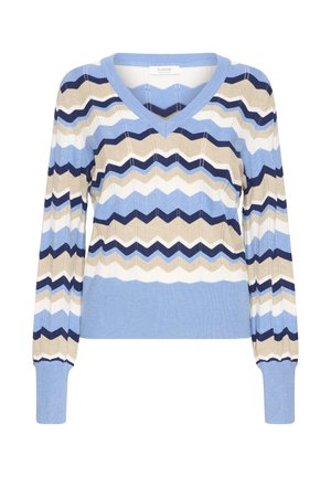 Pull à col en V et manches longues avec une texture côtelée. Présente un motif chevron en nuances de bleu, beige et marine. Coupe courte.