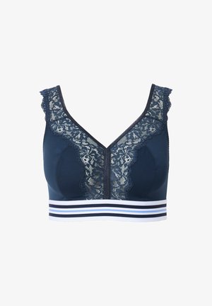 Marineblauer Sport-BH mit Spitzenkante am Ausschnitt und einem Reißverschluss vorne. Verfügt über ein gestreiftes Band in Weiß und Blau.