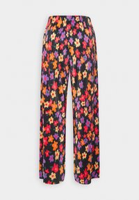 Pantalon noir à jambes larges avec taille élastique, recouvert d'un motif floral coloré avec des fleurs rouges, orange, violettes et crème.