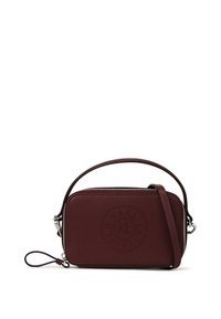 Burgundy leather crossbody bag with silver hardware, zip closure, embossed logo detail, and an adjustable strap. Compact rectangular shape.