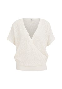 Top tricoté couleur crème avec un décolleté en V, des manches courtes et un style enveloppant, présentant un motif texturé en vagues et un ourlet élastique.