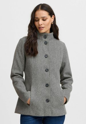 Manteau en mélange de laine gris avec un col haut, comportant six boutons noirs sur le devant et des poches latérales. Texture douce avec une coupe structurée.