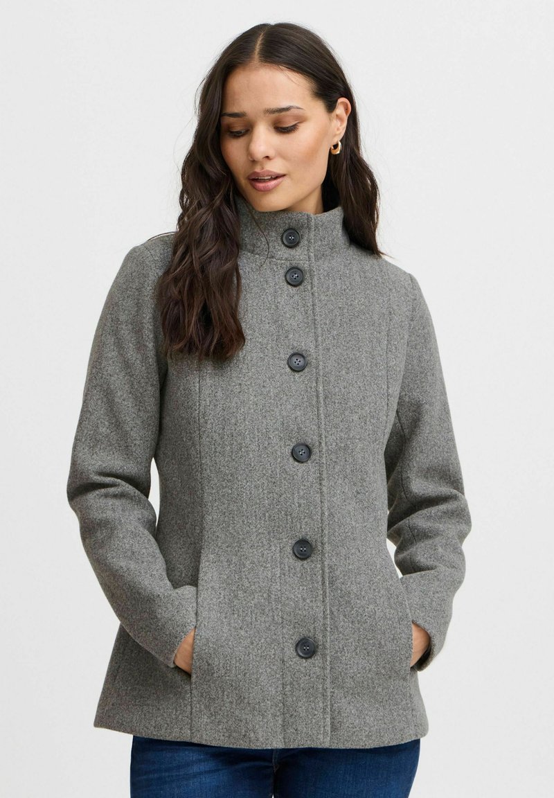 Manteau en mélange de laine gris avec un col haut, comportant six boutons noirs sur le devant et des poches latérales. Texture douce avec une coupe structurée.