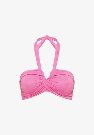 Růžový bikiny top s halterem s překříženým předním designem a vycpanými košíčky, s ramínky uvázanými uzlem na krku.