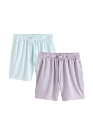 Két pár gumis derekú rövidnadrág zsinegekkel, az egyik világoskék, a másik levendula színű, fehér háttéren bemutatva.