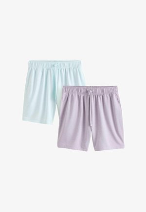 Zwei Paar Shorts mit elastischem Bund und Kordelzug, eines hellblau und eines lavendelfarben, auf weißem Hintergrund dargestellt.