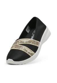 Juoda slip-on tipo avalynė su elastinėmis aukso detalėmis ir tekstūruotu dizainu. Turi baltą pado ir minkštą audinio viršutinę dalį patogumui.