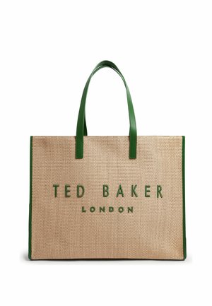 Borsa tote rettangolare beige intrecciata con manici e bordi in pelle verde, con la scritta "TED BAKER LONDON" verde sul davanti.