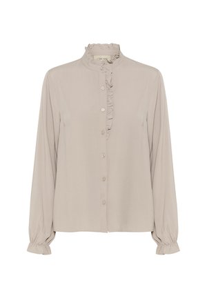 Gaišbeidzis blūze ar volānu augstu apkakli, garām piedurknēm un pogu aizdari. Ievērojama smalka volānu detaļa priekšpusē.