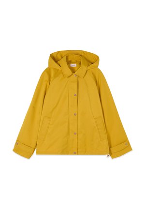 Sennepsgul hættejakke i regnmateriale med trykknaplukning, sidelommer og justerbare ærmeender.