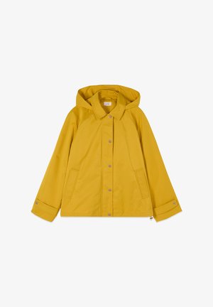 Sennepsgul hættejakke i regnmateriale med trykknaplukning, sidelommer og justerbare ærmeender.