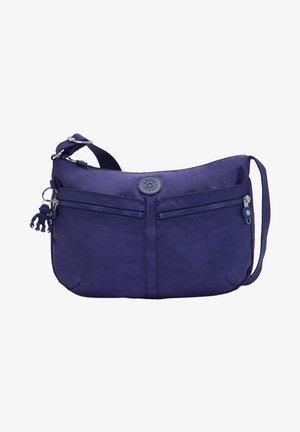 Sac bandoulière bleu foncé avec deux poches avant zippées, une sangle d'épaule réglable et un petit porte-clés singe attaché à une fermeture éclair.