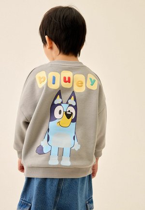 Barn iført grå hættetrøje med tegneserieblå hund og farverige bogstaver, der staver "Bluey" på ryggen, kombineret med blå jeans.