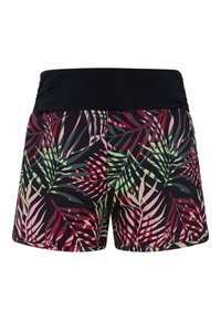 Zwarte shorts met een kleurrijk palmbladpatroon in roze, groen en rood. Voorzien van een zwarte tailleband en een gladde, lichte stof.