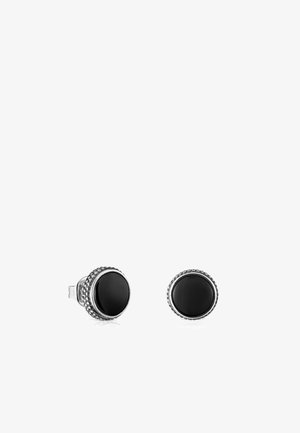 Round black stone stud earrings with silver-tone metal settings, featuring a textured border detail. 40 mm in diameter.