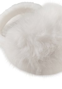 Paraorecchie bianchi e soffici con una texture morbida e un design arrotondato. Il materiale sembra sintetico e vellutato, offrendo calore e comfort.