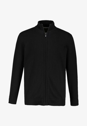 Černý zip-up cardigan vyrobený z pletené tkaniny, s ribovaným límcem a manžetami, s hladkou strukturou a rovnými liniemi.