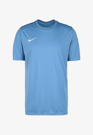 Helles blaues Nike-Sport-T-Shirt aus glattem, leichtem Stoff. Verfügt über einen Rundhalsausschnitt und ein weißes Nike-Logo auf der linken Brust.