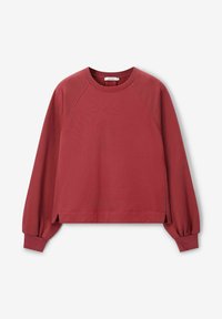 Sweat-shirt rouge à col rond avec des manches raglan, coupe ample et fentes sur les côtés au bas. Fabriqué en doux coton, avec une texture lisse.