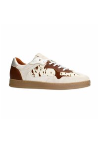 Tan and cream sneakers with suede and leather materials, featuring a spotted pattern on the side, white laces, and a rubber sole.