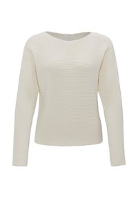 Pull en tricot de couleur crème, présentant une texture côtelée, un col rond et des manches longues avec une coupe décontractée.