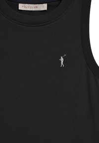 Svart linne i mjuk bomull, med en liten broderad logotyp av en golfare i vitt på vänstra bröstområdet.