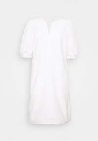 White puff-sleeve dress with a V-neck, featuring eyelet patterns and a relaxed shape. Textured fabric with a smooth finish.