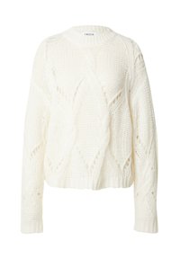 Weißer gestrickter Pullover mit strukturiertem Zopfmuster, Rundhalsausschnitt, langen Ärmeln und verkürztem Saum. Dickes Strickmaterial mit offenen Maschen.