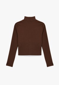 Bruine lange mouwen turtleneck top gemaakt van ribbelstof, met een aansluitend ontwerp en hoge kraag, met een verkorte zoom.