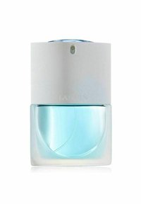Gennemsigtig glasparfume flaske med lyseblåt væske, rektangulær bund, og et hvidt låg med en rund top. Mærkenavnet "LANVIN" er præget.