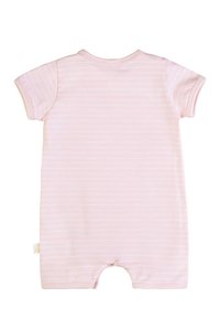Maglione corto rosa chiaro a maniche corte con strisce orizzontali bianche, scollatura rotonda e chiusura a scatto sul fondo per un vestire facile.