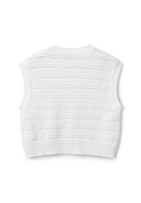 Weißes ärmelloses Stricktop mit strukturiertem Spitzenmuster, geripptem Saum und Rundhalsausschnitt, das ein leichtes Design bietet, das sich gut zum Schichten eignet.