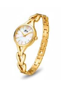 Orologio color oro con bracciale a maglie, quadrante tondo in madreperla, indici delle ore dorati e logo del marchio alle ore 12.