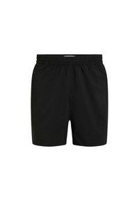 Costumi da bagno neri con elastico in vita, due tasche laterali e una superficie liscia. Design semplice, taglio fino al ginocchio.