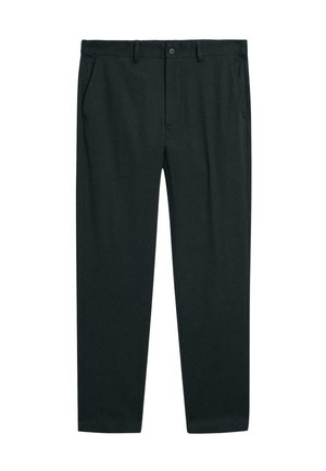 Dark gray formal trousers with side pockets, belt loops, and button closure, displayed flat on a white background.