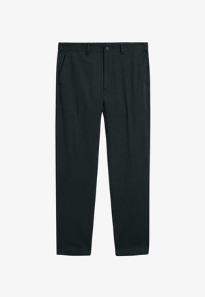 Ciemnoszare eleganckie spodnie z bocznymi kieszeniami, szlufkami na pasek i zapięciem na guzik, wyłożone na płasko na białym tle.